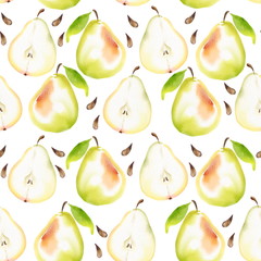 Fruit seamless pattern. Watercolor pears and seeds. Isolated on white.