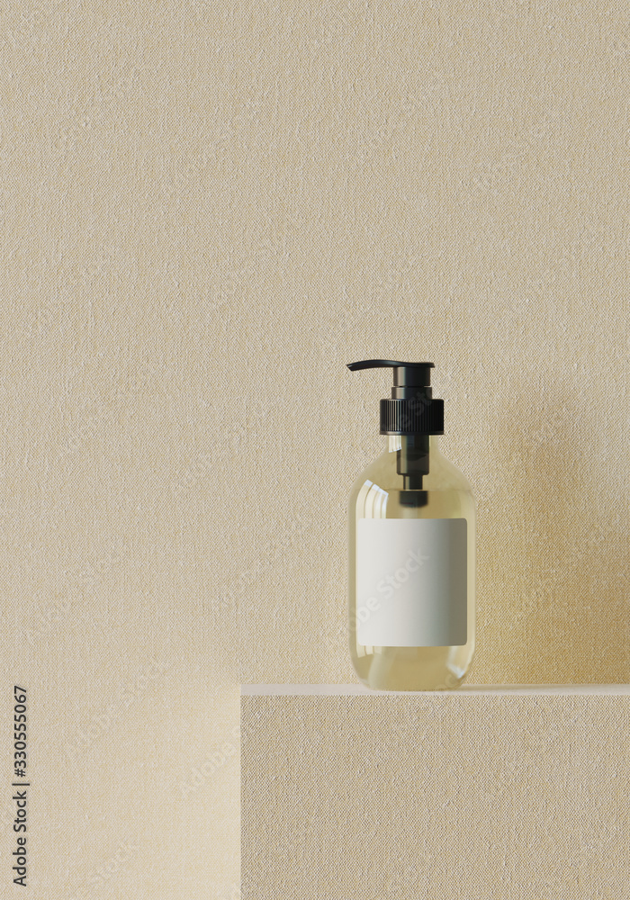 Poster minimal background for branding and product presentation. cosmetic bottle on beige fabric geometric 
