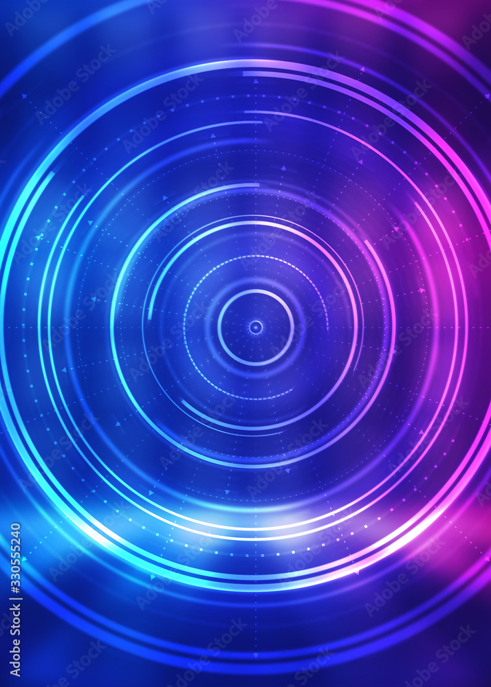Poster dark tech abstract background with neon glow. cyber circle laser figure on abstract background