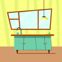Flat cartoon kitchen retro interior in soft blue and yellow colors. Cute asymmetrical shapes. Cabinets, sink with plate in soap bubbles, faucet, lamp, big window. Wallpaper with stripes.