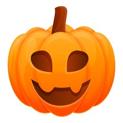 Smiling pumpkin with tooth icon. Cartoon of smiling pumpkin with tooth vector icon for web design isolated on white background