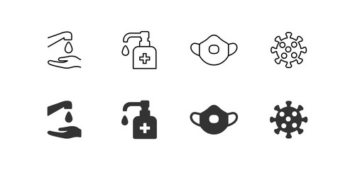 Hygiene vector icon set. Virus care black shape line silhouette icons collection. Washing hands, anti bacterial soap