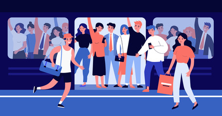 People hurrying into overcrowded train flat vector illustration. Cartoon characters squeezing in metro. Public transport, overpopulation and travelling concept.