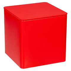Red metal gift box with an closed lid on a white background with empty sides and space for text