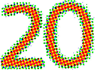 Vector colorful numbers 20, 20th isolated on white background. Color halftone, Pop Art creative design