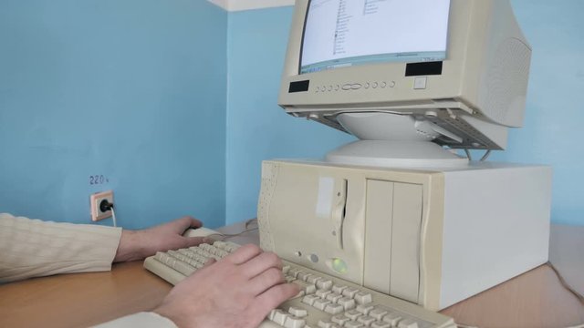 Man Hands Using Retro Computer, Online Working From Home 