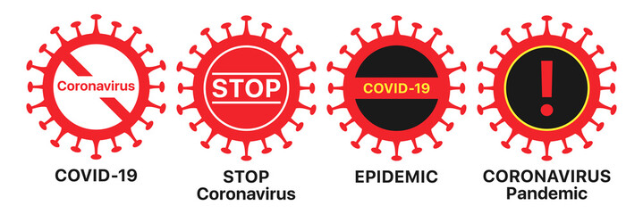 Coronavirus icon set. Global epidemic of COVID-19 infection, warning sign set. Coronavirus pandemic - obrazy, fototapety, plakaty