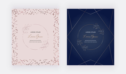 Pink and navy blue cover with rose gold confetti and round line leaves frames. Modern vector design for wedding invitation, greeting, banner, flyer, poster, save the date