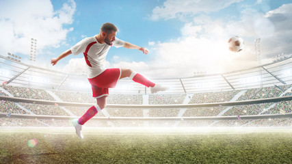 Soccer action. Professional soccer player kicking a ball. Daytime 3d stadium with fans and flags....