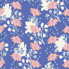Beautiful pink flowers seamless vector pattern on cornflower blue background. Feminine surface print design with hand drawn florals. Great for fabrics, gift wrap, scrapbooking, cards and packaging.