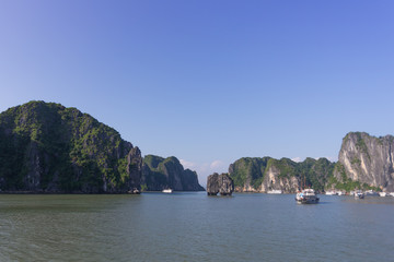 Fototapeta na wymiar Halong Bay A UNESCO World Heritage Site in Vietnam's Quang Ninh Province, a popular tourist destination. The bay is located in the Gulf of Tonkin, South China Sea