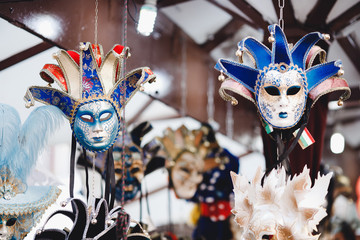 Venetian mask shop market in Italy, sun light