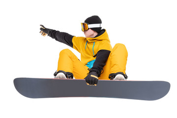 Portrait young man snowboarder jump move on snowboard isolated white background