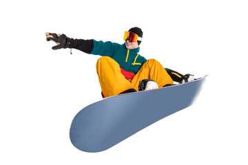 Portrait young man snowboarder jump move on snowboard isolated white background