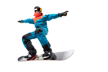 Portrait young man snowboarder jump on snowboard in sportswear isolated white background