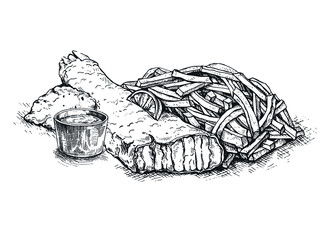 Illustration  fish and chips sketch on vintage background. British cuisine. Street food series. Great for market, restaurant, cafe, food label design.Sketch. - obrazy, fototapety, plakaty