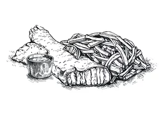 Illustration Fisch und Chips skizzieren auf Vintage-Hintergrund. Britische Küche. Streetfood-Reihe. Ideal für Markt, Restaurant, Café, Design von Lebensmitteletiketten. Skizze. © Alex