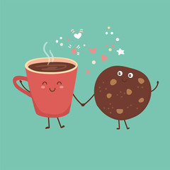 Cute vector illustration of a take away coffee cup and a chocolate cookie. Kawaii food characters. Smiling hot beverage and tasty snack. 