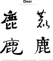 Deer - Chinese Calligraphy with translation, 4 styles