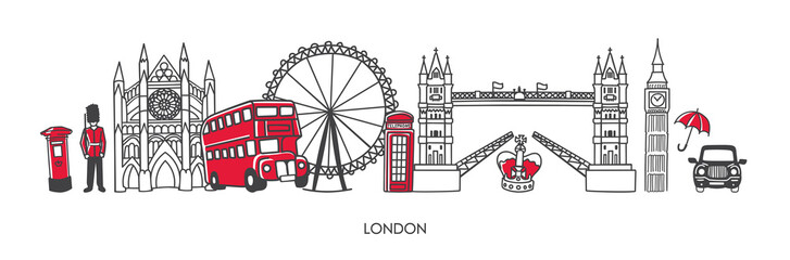 Fototapeta Trendy vector illustration London, the United Kingdom. Famous British attractions and places of interest in minimalist line style. Horizontal skyline banner for souvenir print design or city promotion obraz