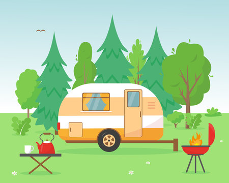 Summer landscape with travel mobile home.
