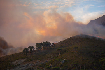 Fototapeta premium Dramatic wildfire with gale force winds on Lion's Head Mountain, Cape Town.