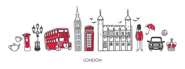 Vector modern illustration symbols of London, the UK. Famous British attractions in simple minimalistic style with black outline and red elements. Horizontal skyline banner or souvenir print design.  - obrazy, fototapety, plakaty