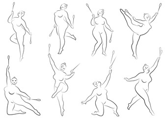 Collection. Gymnastics. Silhouette of a girl with a ribbon. The woman is overweight, a large body. The girl is full figured. Vector illustration set