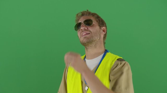 Adult Man Police Officer Chewing Gum With The Mouth Open Studio Isolated Shot Against Green Screen Background