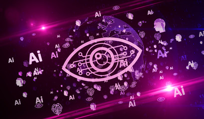 Artificial intelligence symbols on digital globe background
