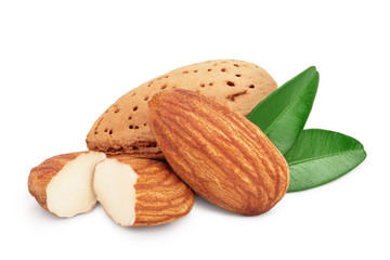 Almonds nuts with leaves isolated on white background with clipping path and full depth of field.