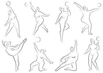 Collection. Gymnastics. Silhouette of a girl with a ball. The woman is overweight, a large body. The girl is full figured. Vector illustration set