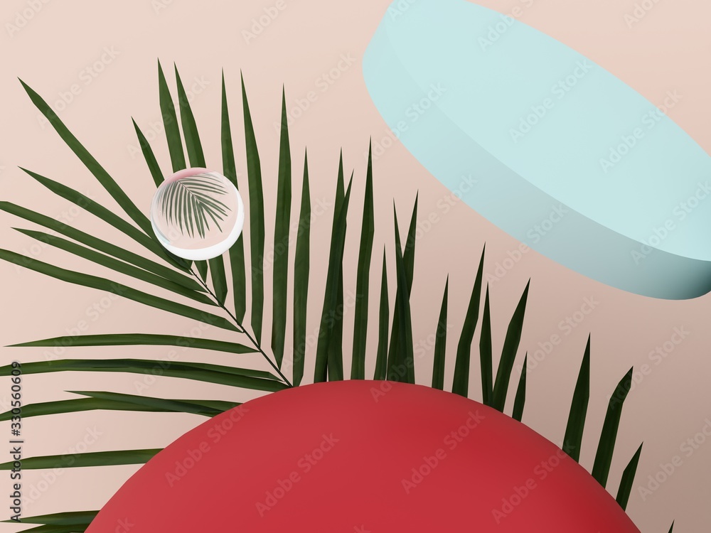 Poster abstract spring, summer background with flying geometric objects and tropical palm leaves - 3d rende