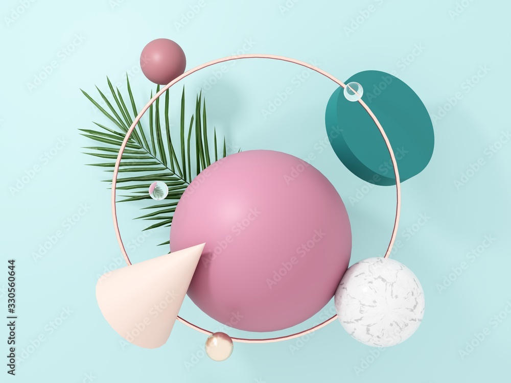 Poster abstract spring, summer background with flying geometric objects and tropical palm leaves - 3d rende