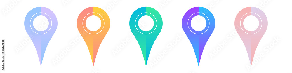 Poster set of bright map pointers. location icons isolated on white background