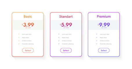 Hosting plans colums. Price list web boxes. 3 tarrifs ui tables for website.