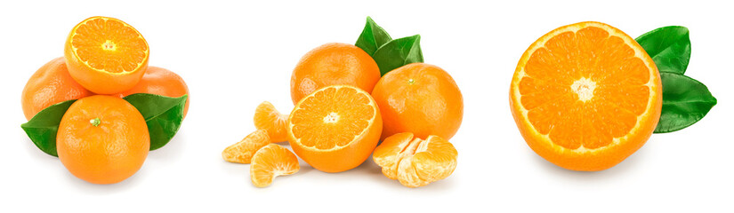tangerine or mandarin fruit with leaves isolated on white background. Set or collection