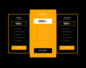 Collection of pricing plans for app and website. Tables with tariffs. Ui colums, web elements.
