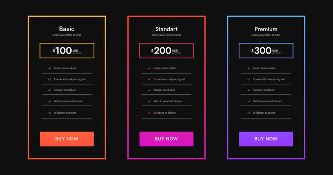 Set of tariffs for website. Pricing table ui web banner. Price list columns vector design.
