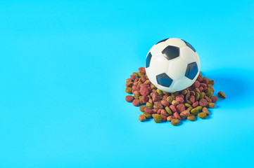Fototapeta na wymiar Dry food for pet and rubber ball on blue background. Copy space