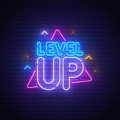 Game popup. Level up neon sign, bright signboard, light banner. Game logo neon, emblem. Vector illustration