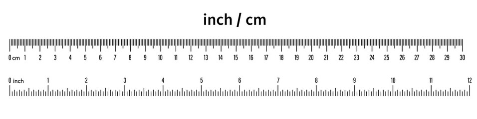 Marking rulers 30 cm, 12 inch.Ruler scale measure.Length measurement scale chart. Ruler 30 centimeter and 12 inch. Black on a white background - stock vector. - obrazy, fototapety, plakaty