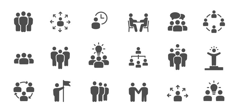 Team work icons. Meeting, group, team, people, conference, leader, discussion, collaboration, research and more. It is easy to edit - stock vector.