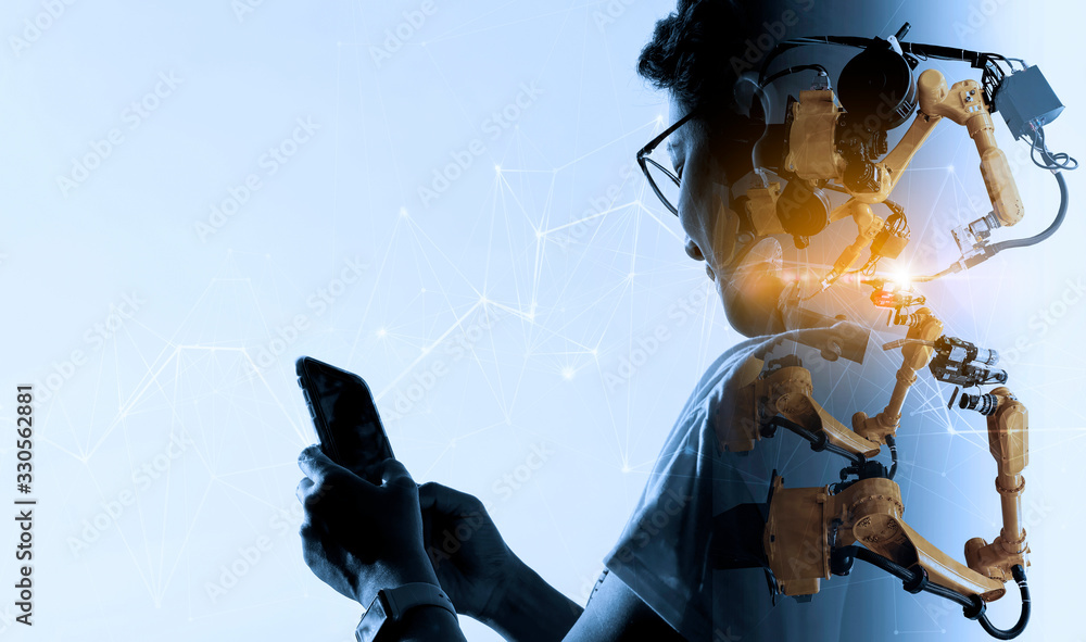 Poster Double explosure of Factory Female Industrial manager Engineer looking at automation robot arms machine in factory industrial on real time monitoring system software.