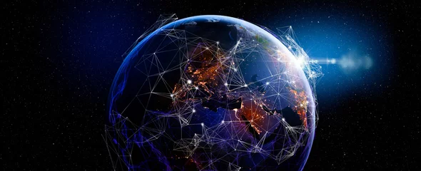  Communicatietechnologie voor internetzaken. Wereldwijd wereldnetwerk en telecommunicatie op aarde en IoT. Elementen van deze afbeelding geleverd door NASA © greenbutterfly