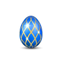 Easter egg 3D icon. Blue gold egg, isolated white background. Bright realistic design, decoration for Happy Easter celebration. Holiday element. Shiny pattern. Spring symbol. Vector illustration