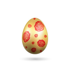 Easter egg 3D icon. Red gold egg, isolated white background. Bright realistic design, decoration for Happy Easter celebration. Holiday element. Shiny pattern. Spring symbol. Vector illustration