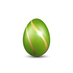 Easter egg 3D icon. Green gold egg, isolated white background. Bright realistic design, decoration for Happy Easter celebration. Holiday element. Shiny pattern. Spring symbol. Vector illustration