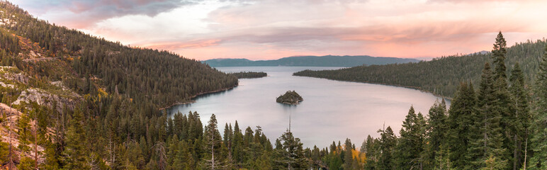 Panoramic sunset view over Fannette Island at Emerald Bay in Lake Tahoe
