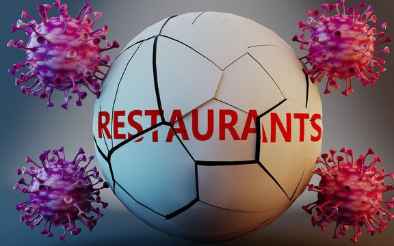 Coronavirus And Restaurants, Symbolized By Viruses Destroying Word Restaurants To Picture That Covid-19 Pandemic Affects Restaurants In A Very Negative Way, 3d Illustration